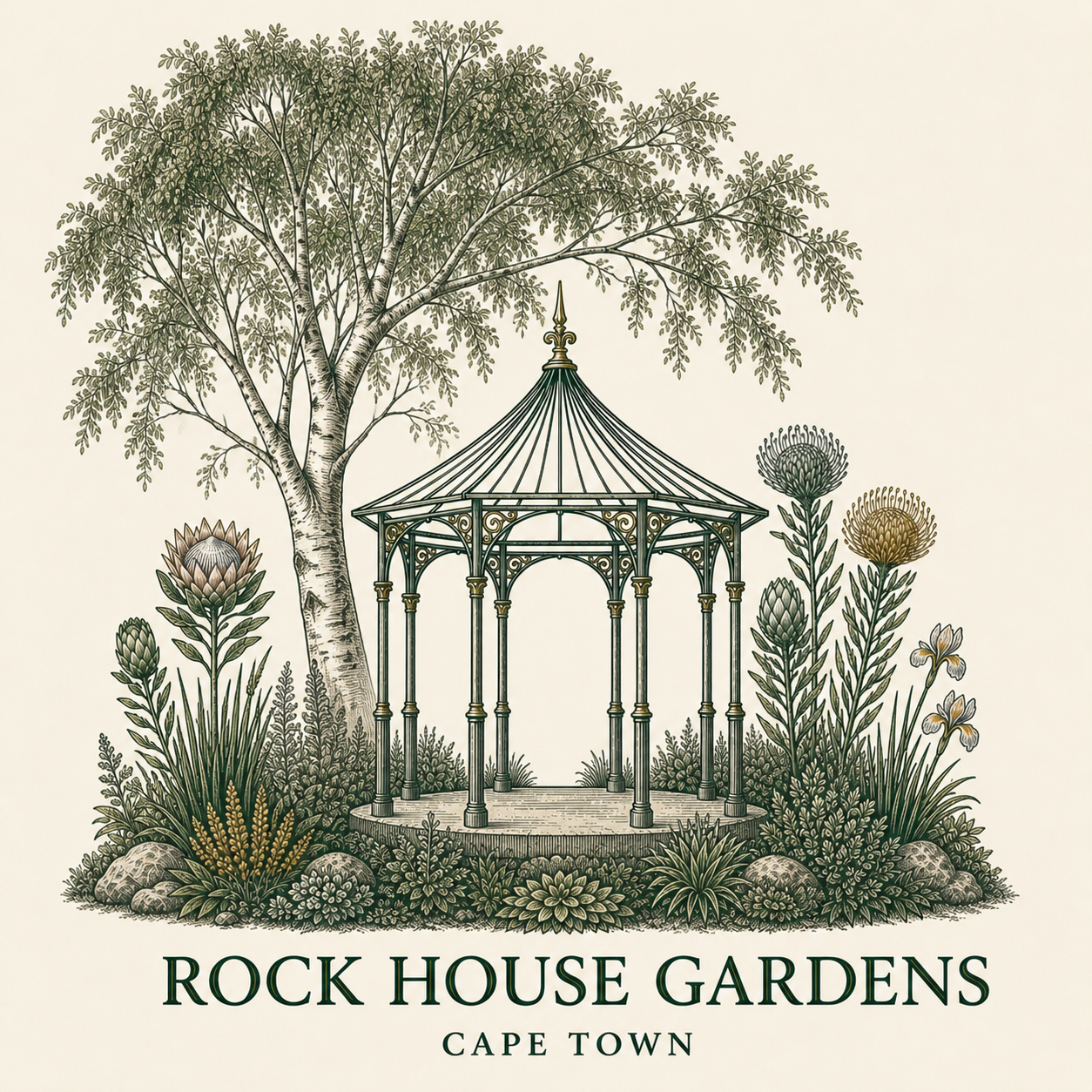 Rock House Gardens — heritage garden illustration of a wrought-iron gazebo, established tree, indigenous fynbos and proteas